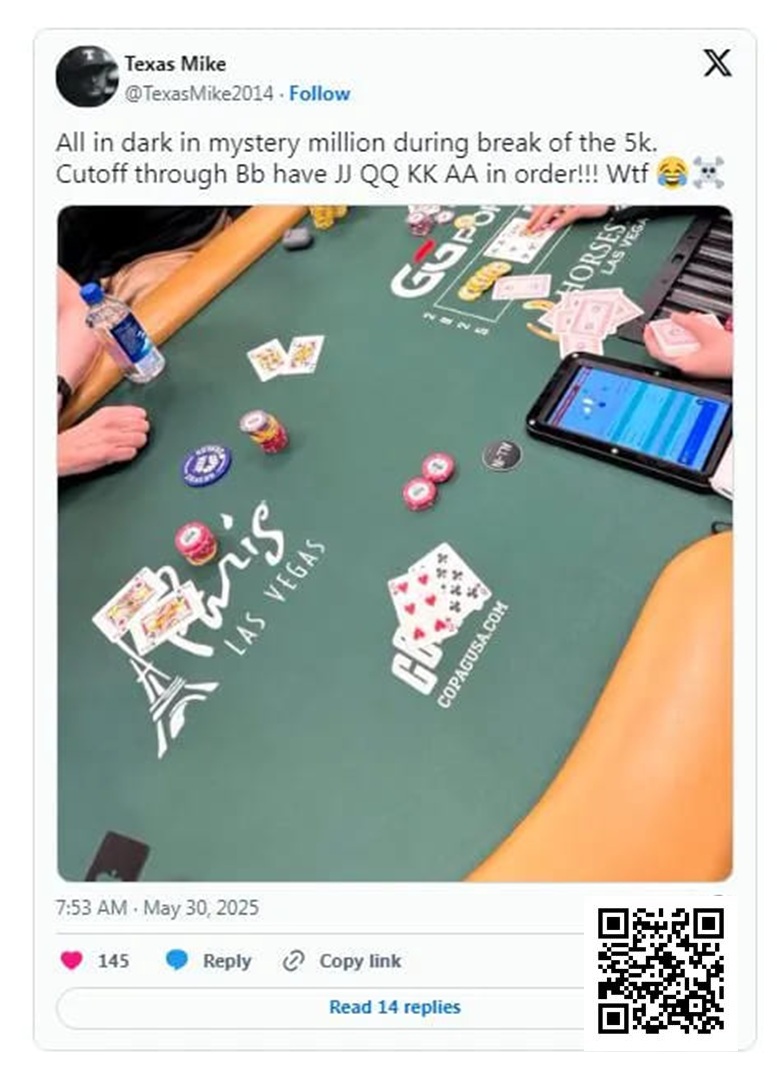 【APT扑克】WSOP的神奇时刻：Michael Moncek在盲注位全下，没想到身后有JJ、QQ、KK和AA