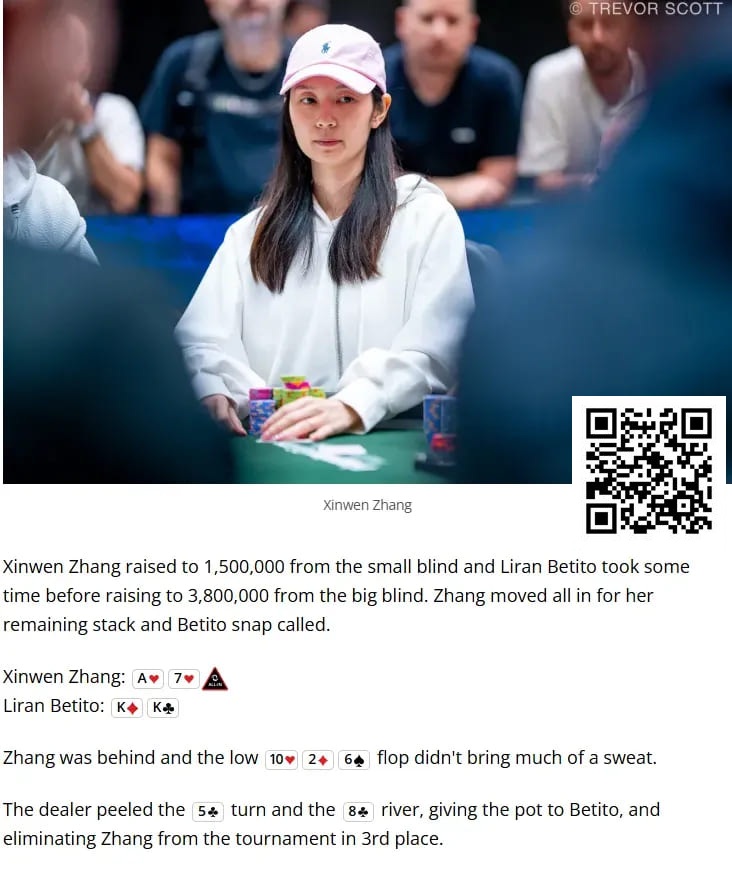 【APT扑克】中国女性牌手Xinwen Zhang获WSOP $1,500超快速赏金赛第三名