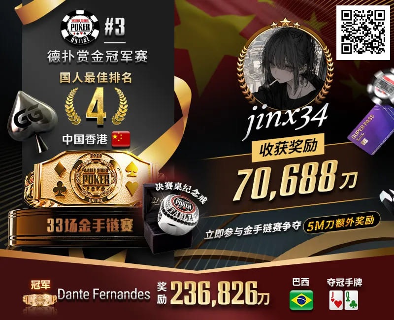 【APT扑克】WSOP线上金手链｜茅人及斩获赏金赛冠军！中国香港选手“jinx34”夺#4第四名佳绩