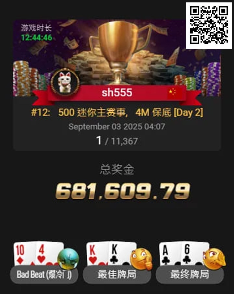 【APT扑克】国人首条金手链出炉！恭喜中国选手宋辉赢得线上WSOP迷你主赛冠军，奖励68W刀！