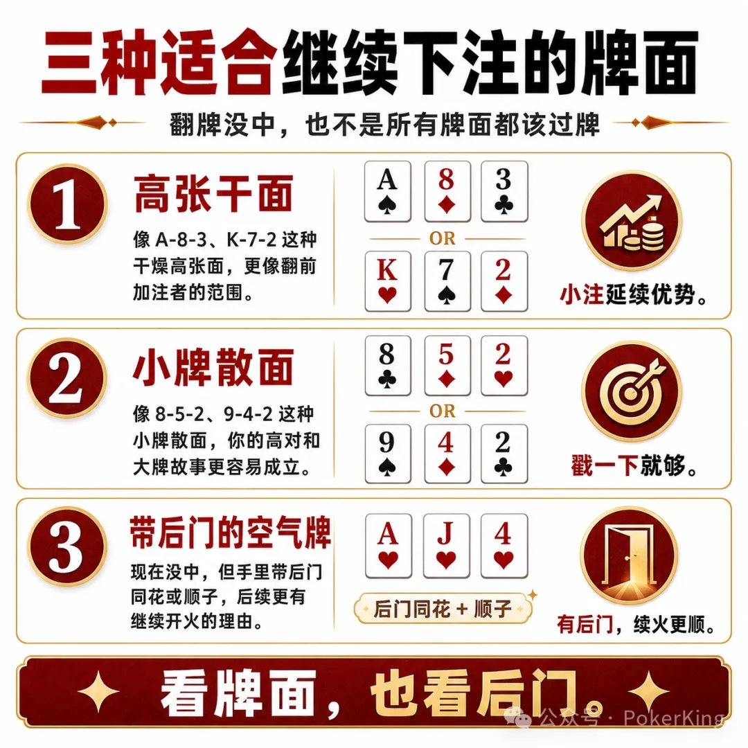 【APT扑克】翻牌没中别急着过牌:三种适合“延续下注”的牌面,帮你拿下该拿的底池